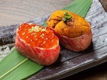 炊肉名人 和牛Maru 惠比壽店_可以盡情享受肉、醋飯和海鮮三合一的「肉壽司海膽・肉壽司鮭魚卵（一貫）」